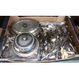 A BOX CONTAINING A SELECTION OF DOMESTIC METALWARES the majority silver plated and for the table top