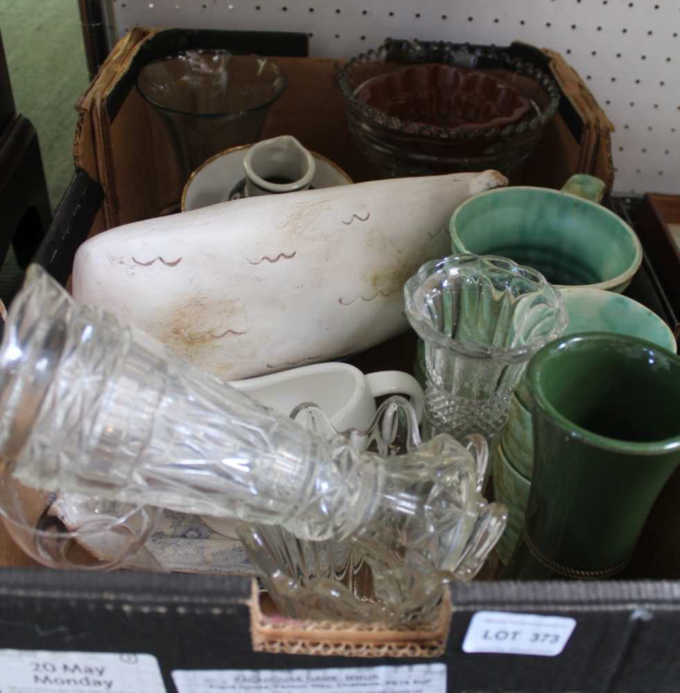 A BOX CONTAINING A SELECTION OF DOMESTIC POTTERY AND GLASSWARE to include an oversized comical model