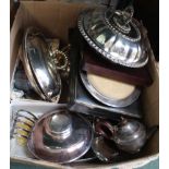 A BOX OF DOMESTIC METALWARES the majority silver plated and for the table top