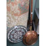 TWO COPPER HEADED WARMING PANS on turned wooden handles together with a decorative metal roundel