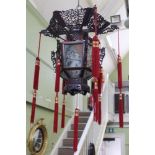 A 20TH/21ST CENTURY DECORATIVE ORIENTAL DESIGN HANGING LANTERN with painted glazed panels