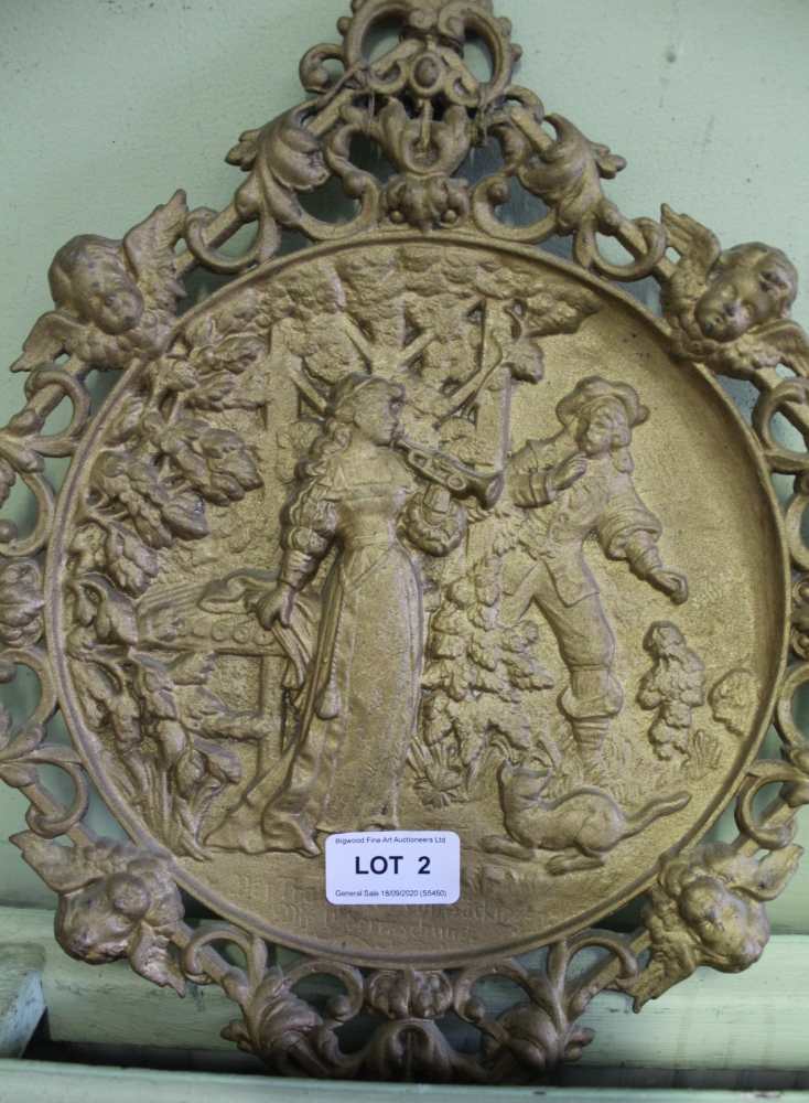 A PAIR OF GILT PAINTED CAST METAL PLAQUES depicting courtship scenes - Image 3 of 3