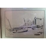 SAMUEL JOHN LAMORNA BIRCH A PENCIL, PEN INK & MONOCHROME WASH STUDY of fishing boats on the