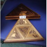 A JAPANESE INLAID WOODEN TRIANGULAR BOX, containing four further smaller examples
