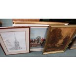 A SMALL SELECTION OF DECORATIVE PICTURES & PRINTS, to include an original hunting scene