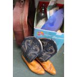 A VINTAGE PIGSKIN SUITCASE together with a pair of handmade TEXAN COWBOY BOOTS and a box