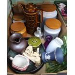 A BOX FULL USEFUL & COLLECTABLE DOMESTIC ITEMS to include kitchen storage jars by Hornsea