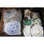 TWO BOXES CONTAINING A SELECTION OF PREDOMINANTLY DOMESTIC POTTERY to include a blue & white part