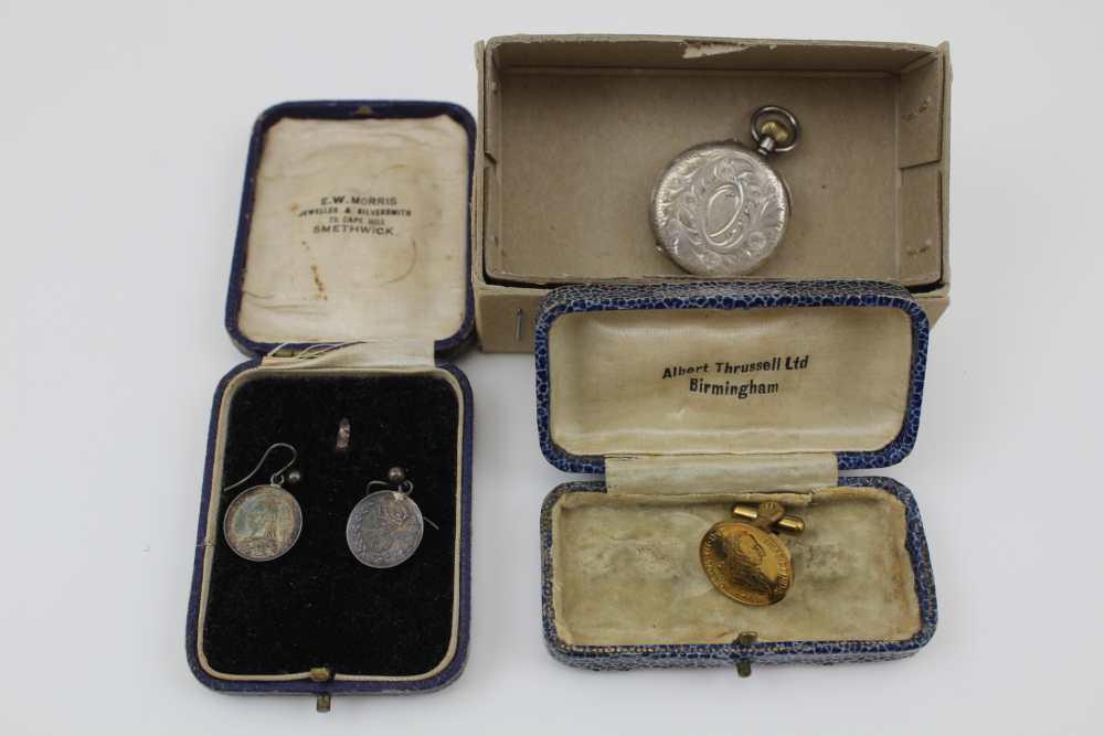 A LATE 19TH CENTURY CONTINENTAL SILVER CASED LADY'S FOB/POCKET WATCH, with white enamel dial and