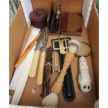 A BOX CONTAINING A SELECTION OF DOMESTIC ITEMS VARIOUS, to include; a selection of wallets, cased