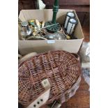 A WOVEN WICKER WORK FISHING CREEL containing a selection of domestic items, together with box full
