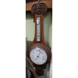 A 19TH CENTURY OAK CASED BANJO BAROMETER/THERMOMETER