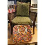 A BERGERE SINGLE LOW SEATED ARMCHAIR together with a floral retro design handbag
