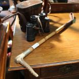 A CASED PAIR OF ROSS OF LONDON BINOCULARS together with a riding crop