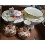 A BOX CONTAINING TWO DERBY TWIN HANDLED VASES together with a Cauldon pedestal bowl, and other