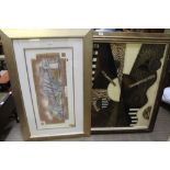 A MODERN DECORATIVE PRINT DEPICTING THE FORTH BRIDGE, together with a large abstract study in gold
