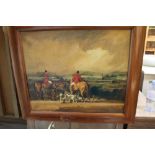 AN OIL ON CANVAS HUNTING SCENE initialled "DR" in plain mahogany finished frame