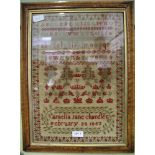 A MID-19TH CENTURY HAND STITCHED SAMPLER of typical subject matter dated 1852 in maple frame