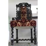 A 19TH CENTURY JACOBEAN DESIGN SINGLE HIGH BACKED CHAIR with velour upholstered back and seat pad
