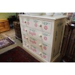 A LARGE PINE PAINTED & STENCILLED CHEST OF TO SHORT AND THREE LONG DRAWERS