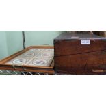 A USEFUL TILE EFFECT TWIN HANDLED TRAY, the remains of a 19th century mahogany writing slope, and