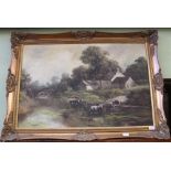 JOHN TRICKETT A large oil on canvas study of cattle watering in a stream with Cottage behind,