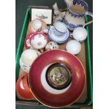 A BOX CONTAINING A SELECTION OF DOMESTIC AND COLLECTABLE POTTERY to include; Crown Derby part tea