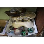 A ROBERT WELCH SET OF VICTORIAN STYLE KITCHEN SCALES with weights, together with a selection of