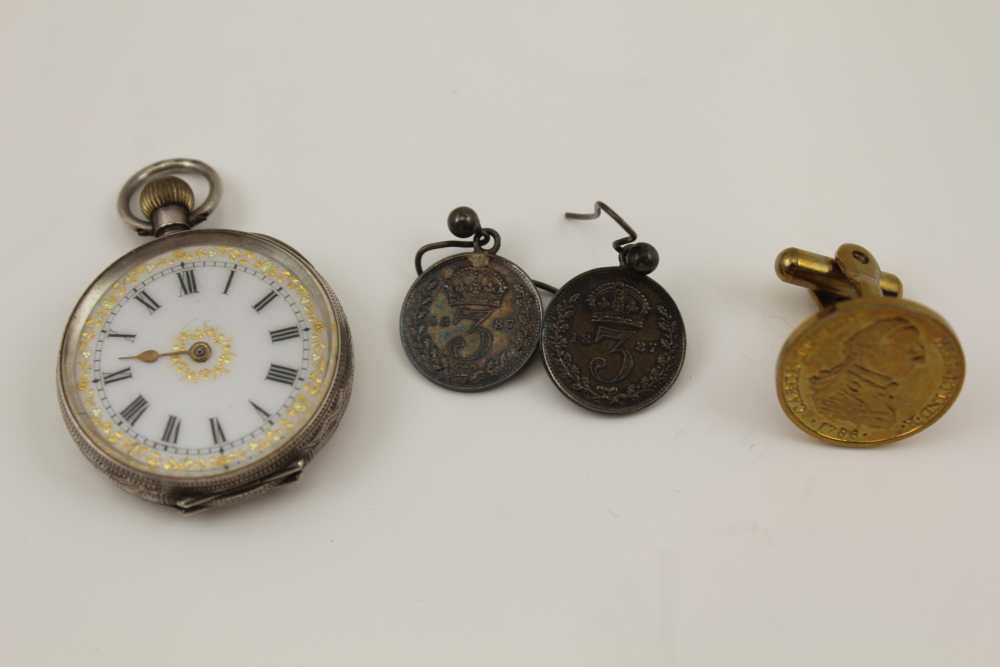 A LATE 19TH CENTURY CONTINENTAL SILVER CASED LADY'S FOB/POCKET WATCH, with white enamel dial and - Image 2 of 4