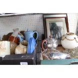 A TWO BOXES FULL OF DOMESTIC ITEMS to include; silver plate, framed prints and a Dutch pottery