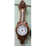 AN OAK BACKED BANJO BAROMETER/THERMOMETER