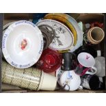 A BOX FULL OF COLLECTABLE POTTERY AND GLASSWARE to include a Flowers