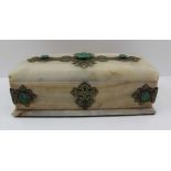 A CONTINENTAL ONYX WRITING CASKET, decorative brass mounts inset malachite panels, the interior with