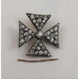 A DIAMOND MOUNTED MALTESE CROSS BROOCH, yellow metal back, (pin detached), 2.5cm square, gross