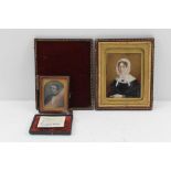 A VICTORIAN MINIATURE PORTRAIT PAINTING, a lady in black with a white lace bonnet, wearing