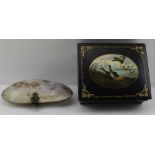 A 19TH CENTURY PAPIER MACHE BOX the hinged cover with fowl in landscape 10.5cm wide, together with A
