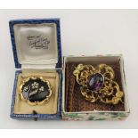 A VICTORIAN PINCHBECK BROOCH set central amethyst colour stone, together with a seed pearl set and a