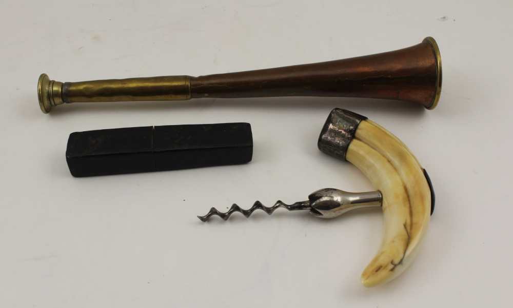 A COPPER & BRASS HUNTING HORN, stamped "Potter Aldershot", 24.5cm, together with tusk handled
