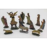 A PAINTED LEAD NATIVITY SCENE comprising twelve figures including Mary & Joseph, Wisemen, crib and