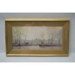 H. WOODIER AN EARLY 20TH CENTURY WATERCOLOUR STUDY OF FIGURES BY A RIVER, with view to town