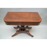 A GEORGE IV MAHOGANY SATINWOOD & ROSEWOOD BANDED CARD TABLE, the 'D' shaped fold-over top over plain