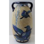 AN "AMPHORA" POTTERY VASE fitted two shoulder handles, Blue Bird decoration on a speckled ground,