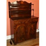 A 19TH CENTURY MAHOGANY CHIFFONIER having shaped upstand with shelves over two inline drawers and