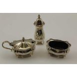 MAPPIN & WEBB A THREE PIECE SILVER CONDIMENT SET comprising; a hinged lidded mustard pot, salt (each