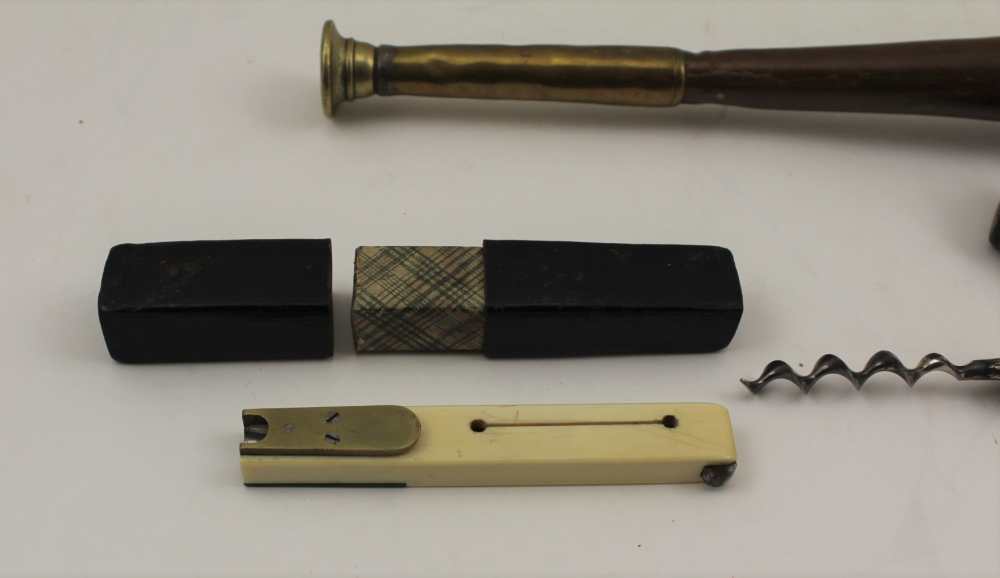 A COPPER & BRASS HUNTING HORN, stamped "Potter Aldershot", 24.5cm, together with tusk handled - Image 2 of 2