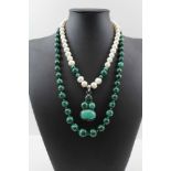 A MALACHITE & PEARL NECKLACE with silver mounts and a malachite graduated bead NECKLACE (2)