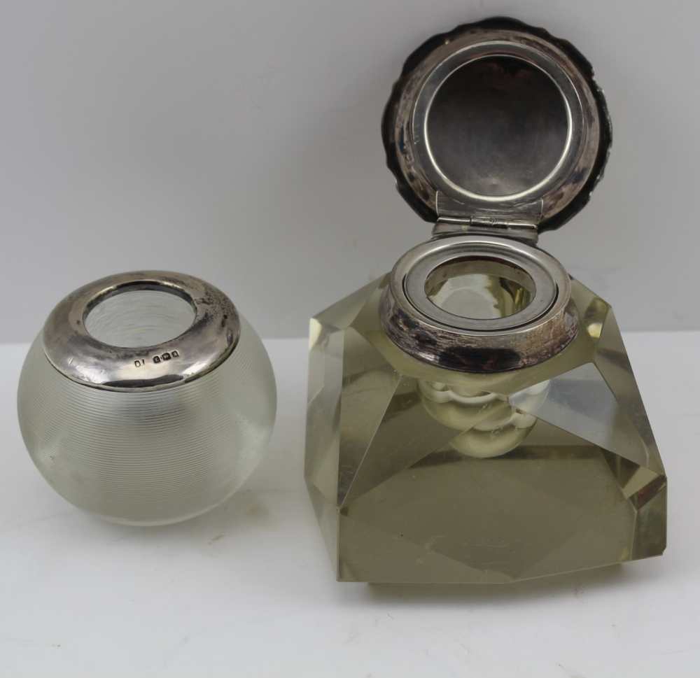 A FACET CUT DESK INKWELL with silver, hinged cover and decorative pie-crust rim, Birmingham 1909, - Image 4 of 4