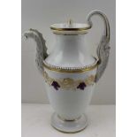 A 19TH CENTURY CONTINENTAL PORCELAIN COFFEE POT having figurative spout and winged handle, painted