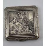 A STRATTON PLATED POWDER COMPACT, the cover decorated with an 18th century scene of figures in
