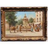 TREVOR HADDON RBA "At the Village Well", Southern European scene with figures and donkey, signed T.